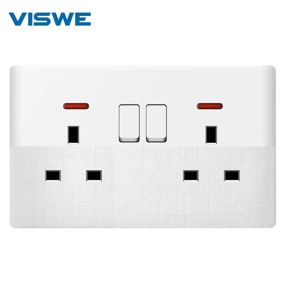VISWE 2Gang UK Standard Household Double Wall Power Socket 13A 250V LED Indicator,On-Off Contro,PC Panel 146mm*90mm White/Gray