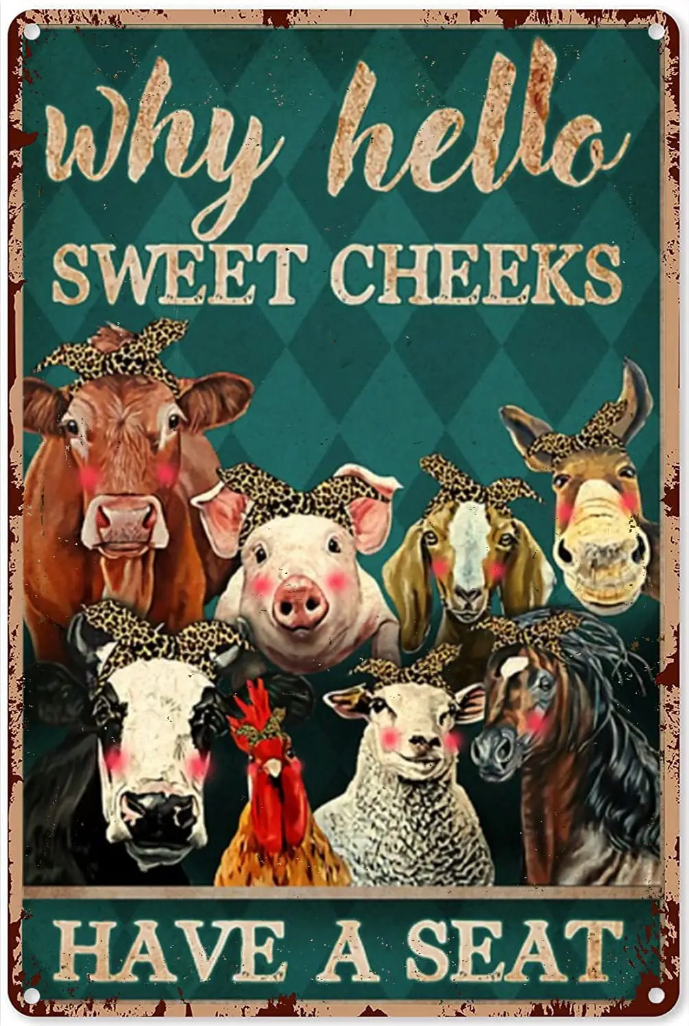 

Bathroom Wall Art Funny Farm Animals Why Hello Sweet Cheeks Tin Sign Decorations Vintage Chic Metal Poster Wall Decor Art Gift