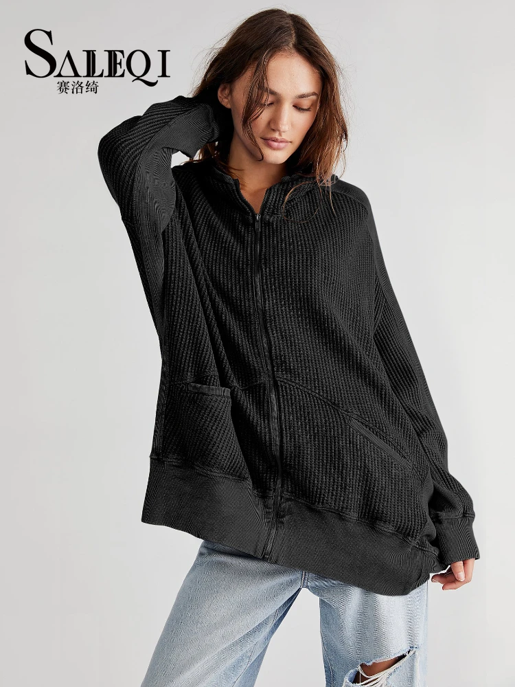 

Женский длинный кардиган на молнии, повседневное элегантное Свободное пальто с длинным рукавом и капюшоном, Осень-зима 2023