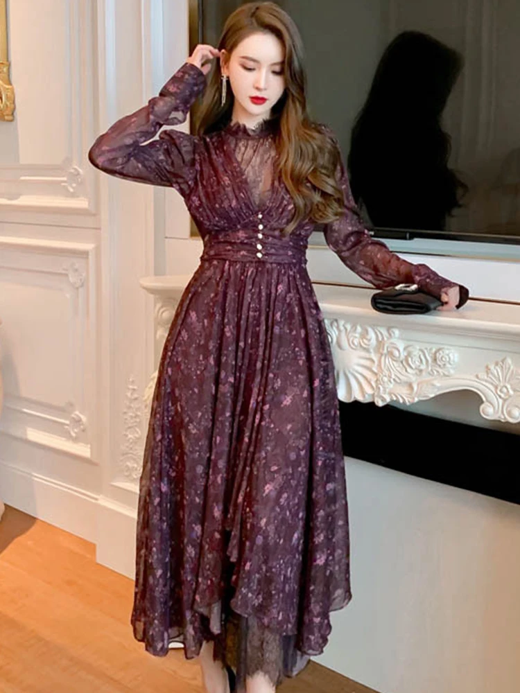 

Spring Autumn Women Maxi Dresses Elegant Retro Chiffon Print Flower Sheer Lace Long Sleeve High Waist A-line Robe Party Vestido