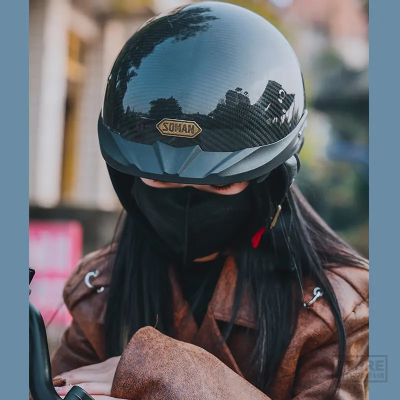 

Retro Half Face Motorcycle Helmet for Men Black Vintage Summer City Motorbike Chopper Outside Riding Big Size Anti UV Inner Len