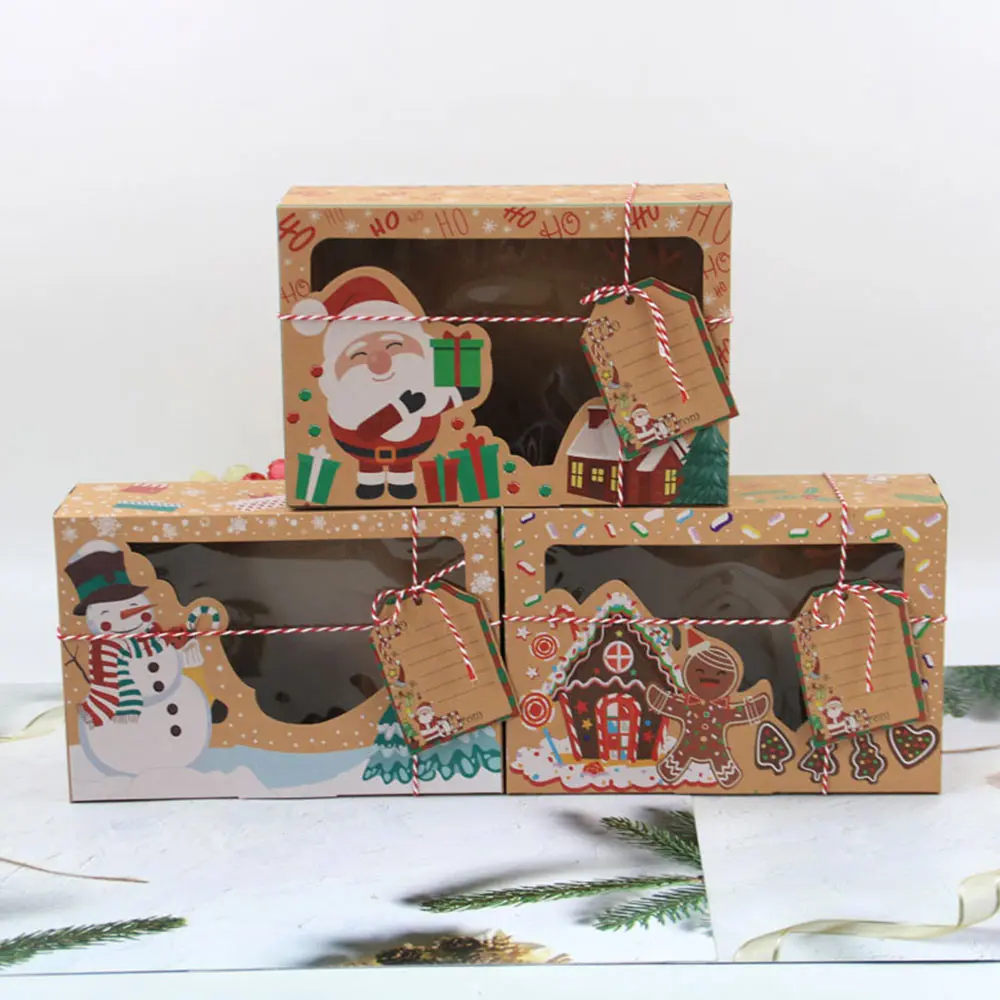 

12pcs Kraft Paper Candy Boxes Merry Christmas Cookie Bakery Gift Box Clear Window Packaging Bag Party Favor New Year Decoration