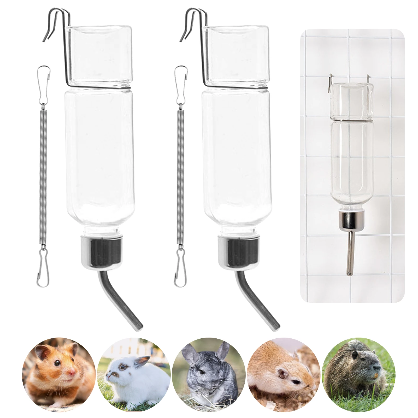 

2pcs Hedgehogs No Drip Portable Pet Hanging Water Bottle Stainless Steel Automatic Feeder Plastic Guinea Pig Dispenser Rabbit