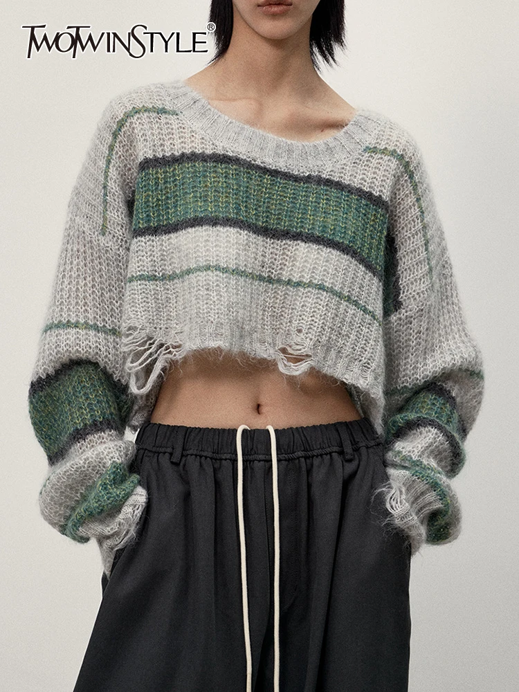 

TWOTWINSTYLE Colorblock Striped Casual Pullover Knitting Sweaters For Women Round Neck Long Sleeve Loose Sweater Female Fashion