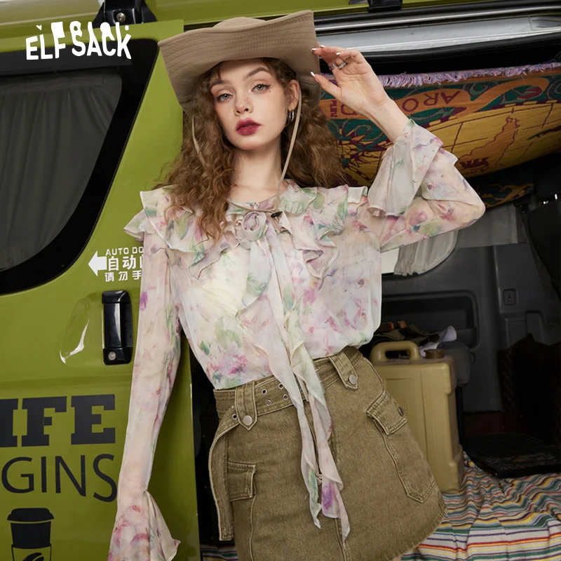 ELFSACK French Floral Chiffon Blouses Women 2023 Spring Long Sleeve Basic Tops
