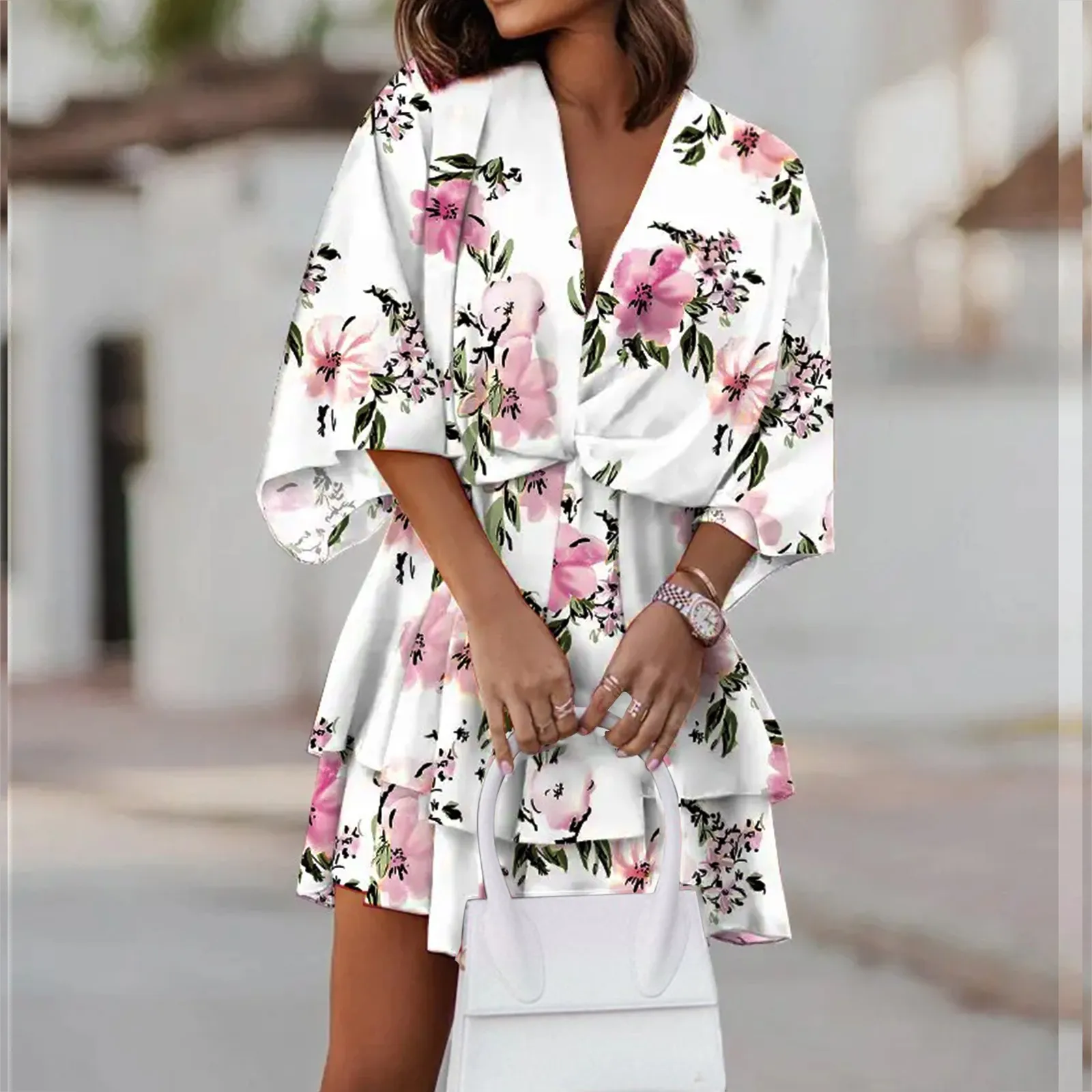 

Women's Short A Line Flare Dress Knot Front Short Sleeve Tiered Ruffle Swing Floral Printed Mini Dresses