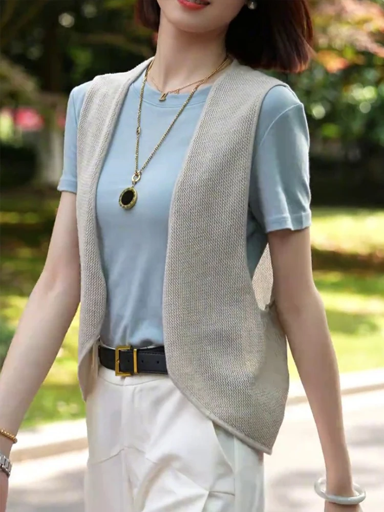 Женский жилет 2024 новый тонкий летний полый вязаный маленький из ледяного шелка