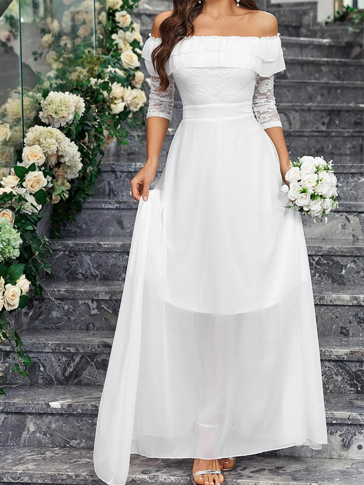 Женское ТРАПЕЦИЕВИДНОЕ свадебное платье It's yiiya белое кружевное бальное с