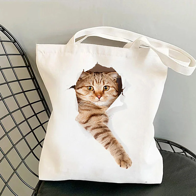 

Women Casual Shoulder Bags Cute Cat Canvas Bag 3D Printing Large Capacity Handbags Shopping Totes Eco-friendly Reusable Fashion
