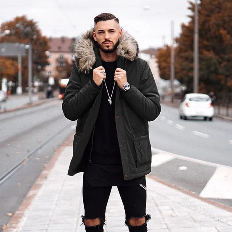 2022 Autumn Winter New Men's European and American Cotton Coat Long Wool Collar Cotton Coat Coat Jacket