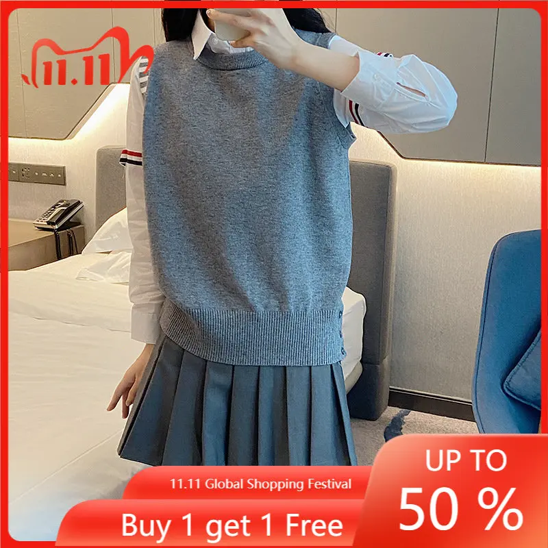 

High Quality Korean Style TB Crewneck Vest Cashmere Wool Pullover Sleeveless Four-bar Preppy Commuter Women's Knit