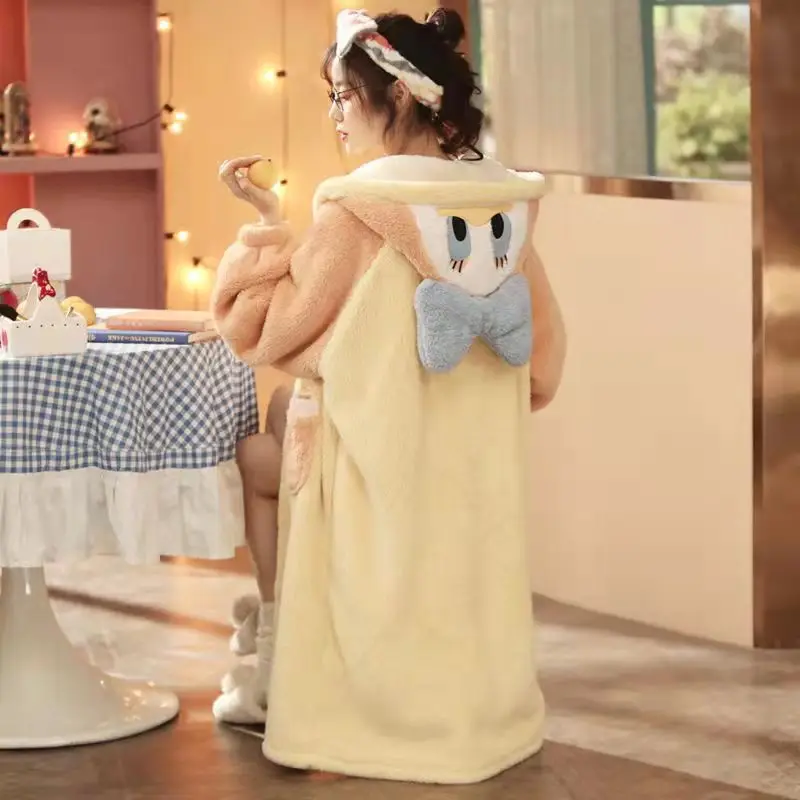 Women Nightgowns Winter Flannel Sweet Sleepwear Hooded Sleepshirts Female Warm Cute Soft Homewear Robe Casual Loose Cozy Pajamas