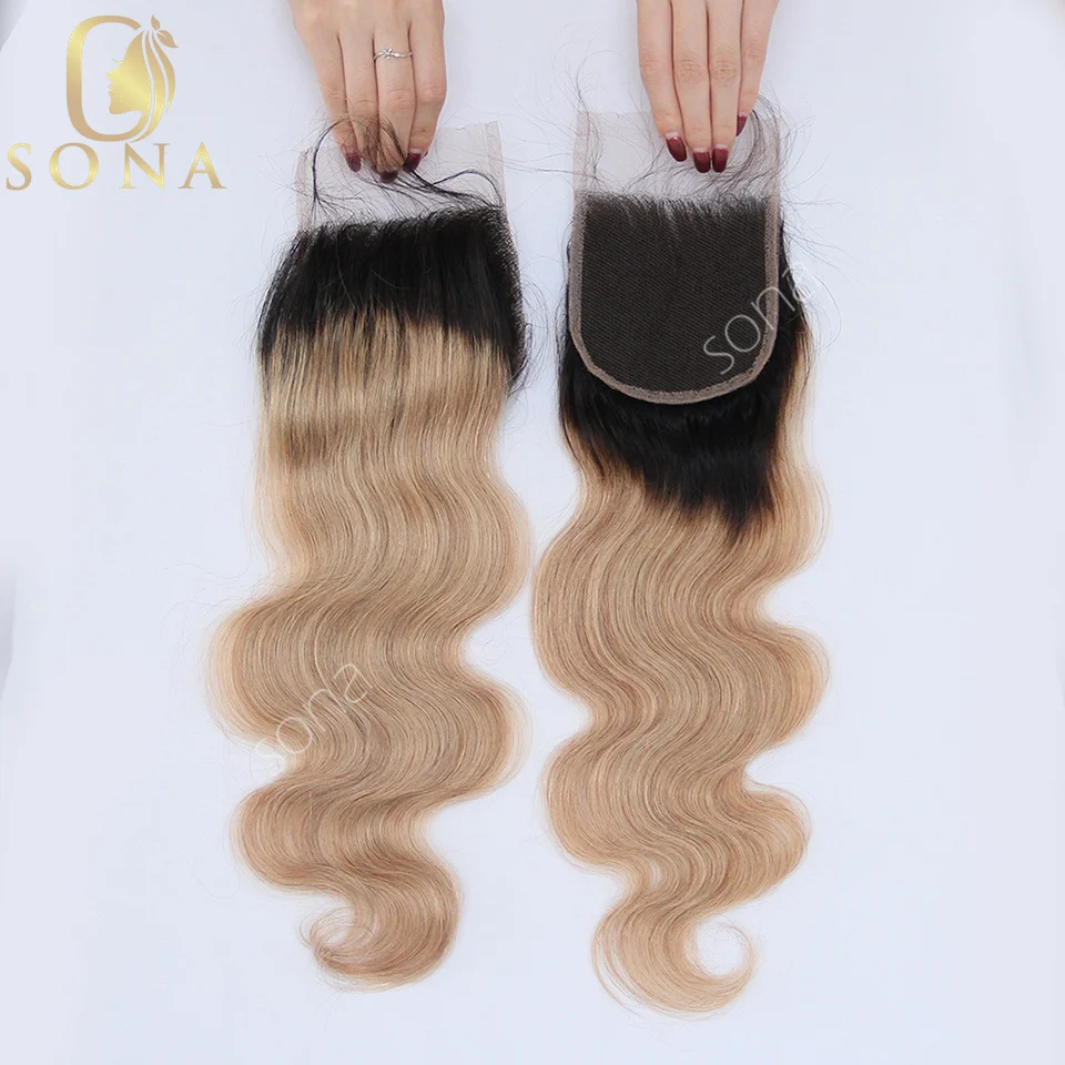 Фото Наборы натуральных волос Honey Blonde Ombre 1B 27 с заколкой-застежкой и HD-кружевом, пепельно-русый, 3 пучка с темными корнями №4