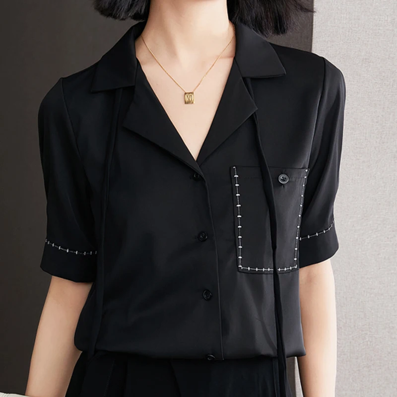 

Summer New Women'S Chic V-Neck Button Pocket Commuter Comfortable Short-Sleeved Loose Chiffon Fashion Solid Color Shirt Top