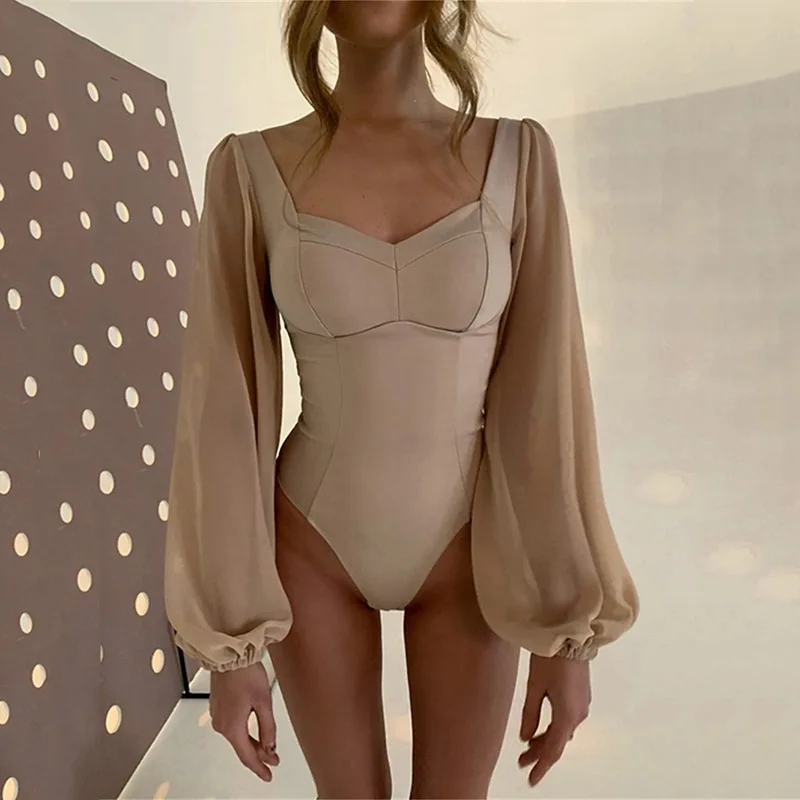 

Women Bodysuits Square Collar Puff Sleeve Ladies One Piece Sexy Solid Romper Onesies Leotard Overalls Lingerie Sexy Clothing