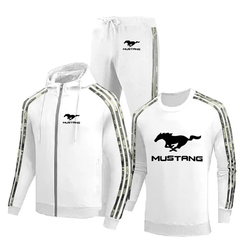 

Spring Autumn Zip Jacket Mustang Car Logo printing Casual high quality cotton Men's jacket + sweater + pants three-piece suit