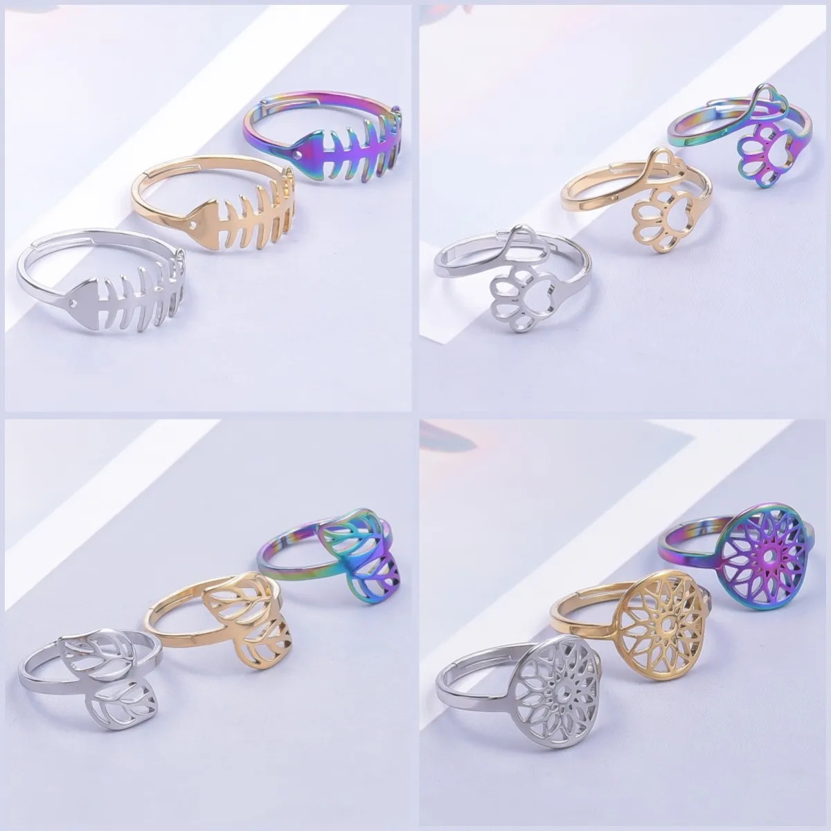 

Fish Bone Ring Flower Of Life Leaf Rings Animal Plant Ring Stainless Steel Simple Open Adjustable Ring For Women кольцо женское