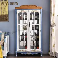 Glass Double Door Solid Wood Wine Cabinet Tv Side Display Storage Cabinet Rustic Retro Painted Living Room Furniture For Home