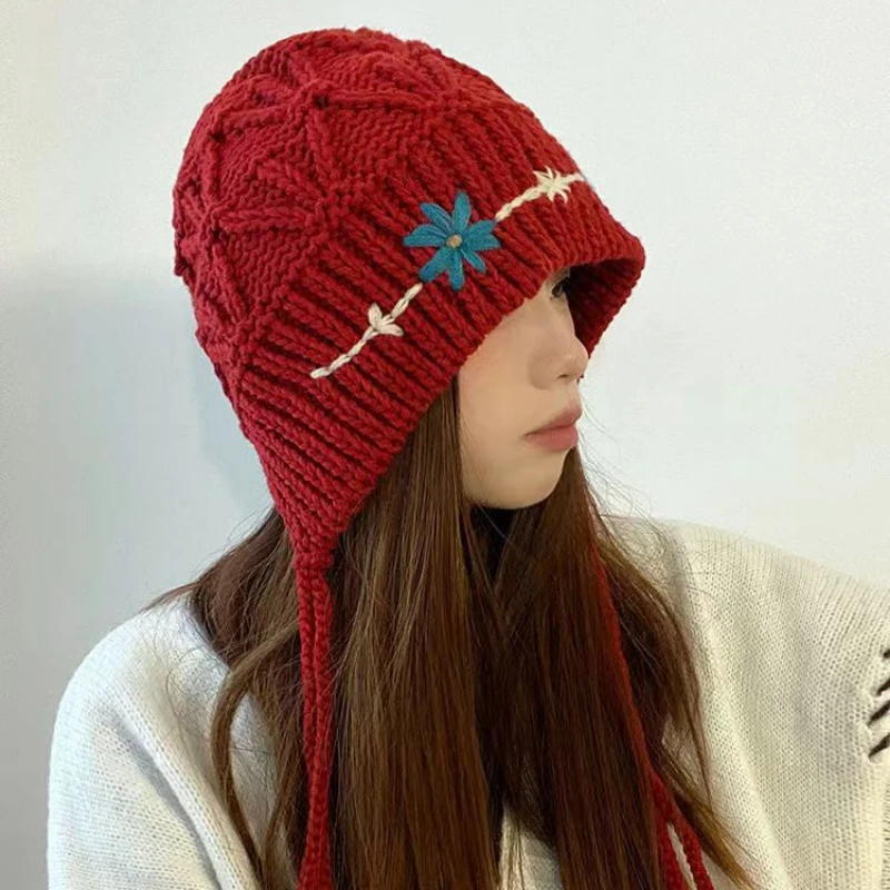 

Flower Embroidery Peruvian Lace-Up Triangle Knit Hat Photography Prop Kerchief Crochet Handmade Bandanas Earmuff Accessories Cap