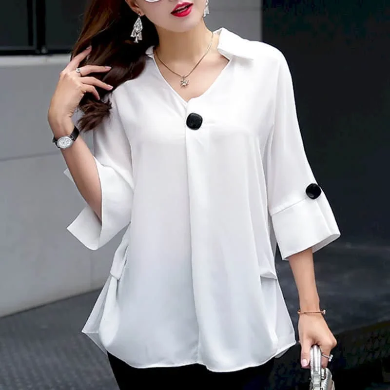 Шифоновые рубашки женские винтажные однотонные с v-образным вырезом свободные