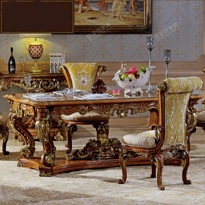 

European luxury solid wood dining table French court long dining table dining chair villa Furniture Customization