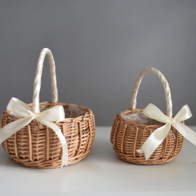 

Woven Flower Basket Rattan Storage Basket Flower Girl Hand Basket Handmade Flower Basket with Bow