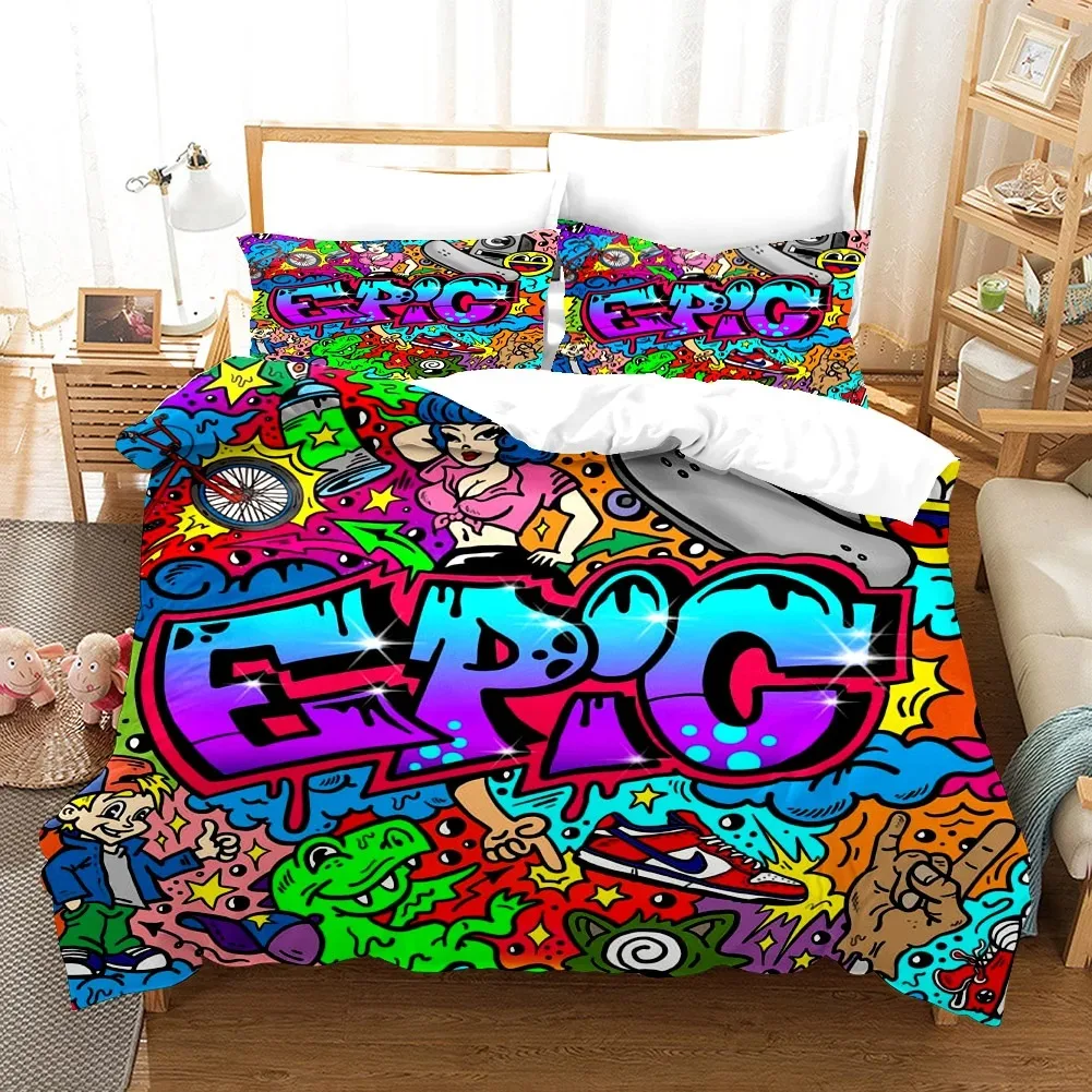 Cartoon Style Hip-Hop Graffiti 3D Printed Duvet Cover Pillowcase Bedding Set Teenagers Bedroom Decor Bed Kit，Single_Queen Size