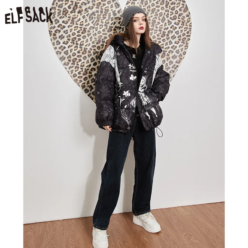 ELFSACK Spliced Black Down Coats Women 2022 Winter New Thick Coats