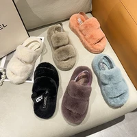 winter back strap women home slippers rabbit fur warm shoes woman slip on flats slides cute plush fluffy lady cotton slippers