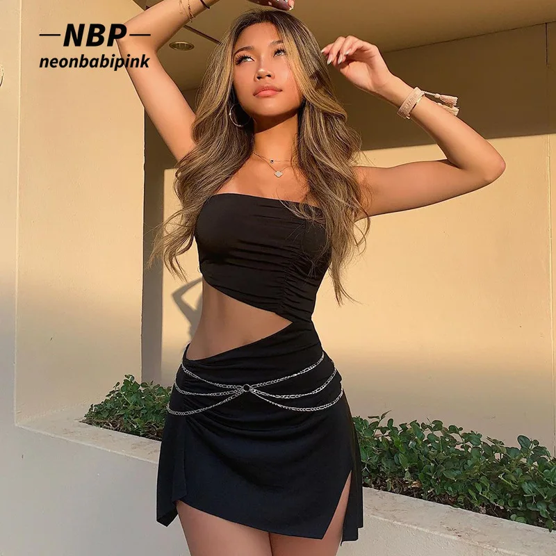 

Женское мини-платье с вырезом NEONBABIPINK, пикантное Клубное платье с цепочкой, черное облегающее платье с разрезом, лето 2022