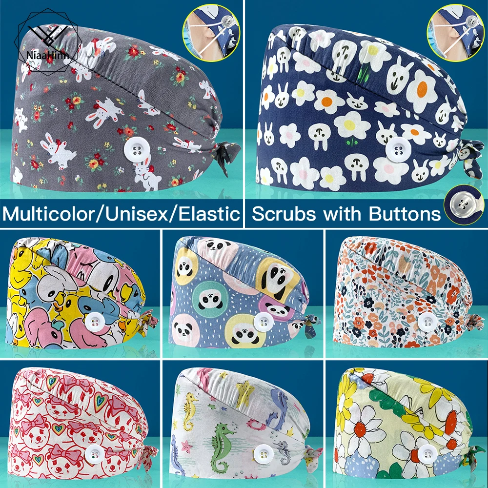 

Animal Printing Doctor Hats with Buttons Surgical Caps Classic Nurse Baotou Caps Women Men 1PC Medical Hat Sweat-absorbent Towel