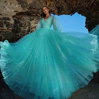 blue sparkling tulle prom dress v neck long sleeve sweeper train simple a line womens party dress custom robe de soir%c3%a9e formal