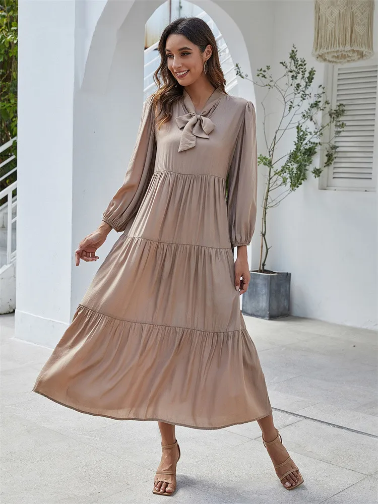 

Solid Champagne Tan Color Tie Neck Collar Long Sleeves Tiered Long Maxi Dress For Women Elegant Office Lady Daily Wearing