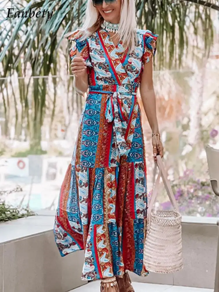 

Women Elegant Floral Print Party Dress 2022 Summer Fashion V-Neck Maxi Dress Lady Casual Butterfly Sleeve Lace-up Pleated Dress