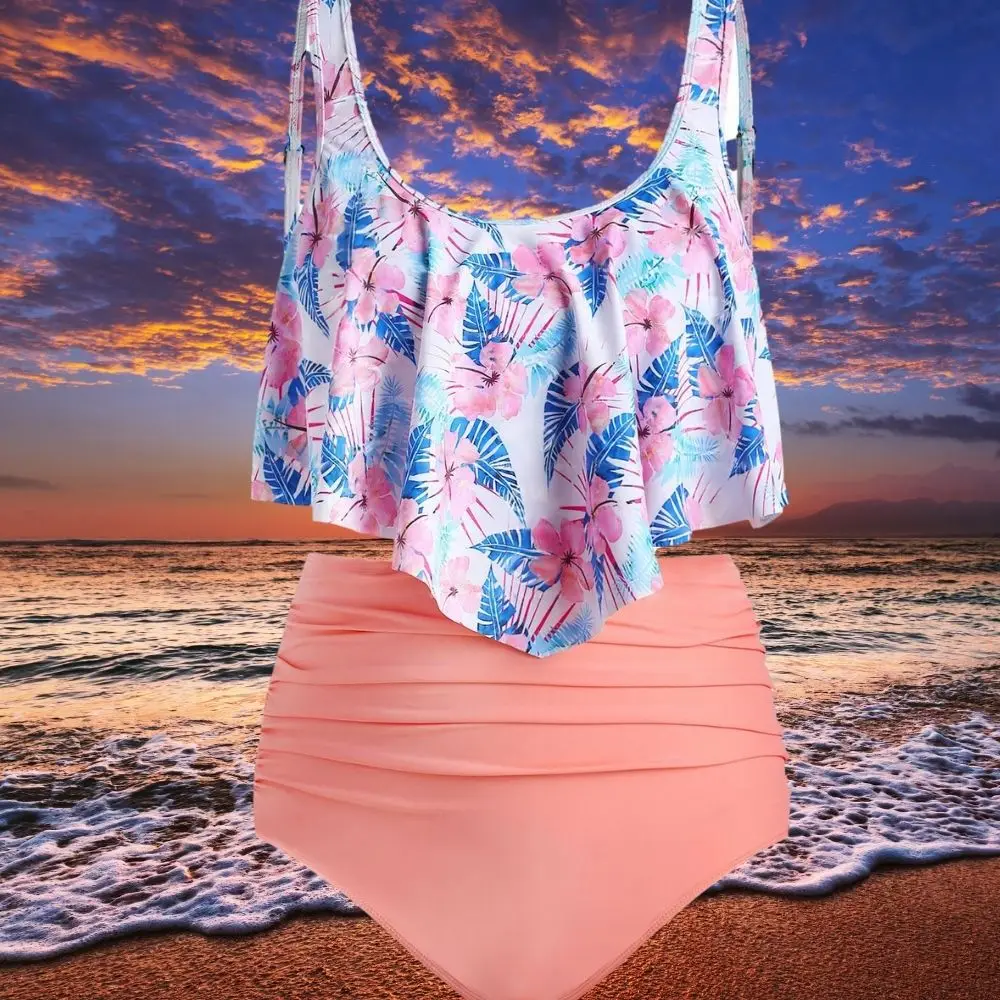 Women's Push Up Pink Floral Oversize Tankini High Waist Tummy Control Swimwear 2 Pieces Sweet Beach Bathing Suit Set
