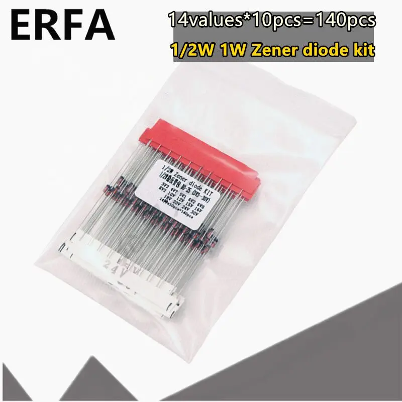 

14values*10pcs=140pcs 1W 1/2W 0.5W Zener diode kit DO-41 3.3V-30V 3V3 3V9 4V7 5V1 6V2 10V 12V 20V 24V component diy kit