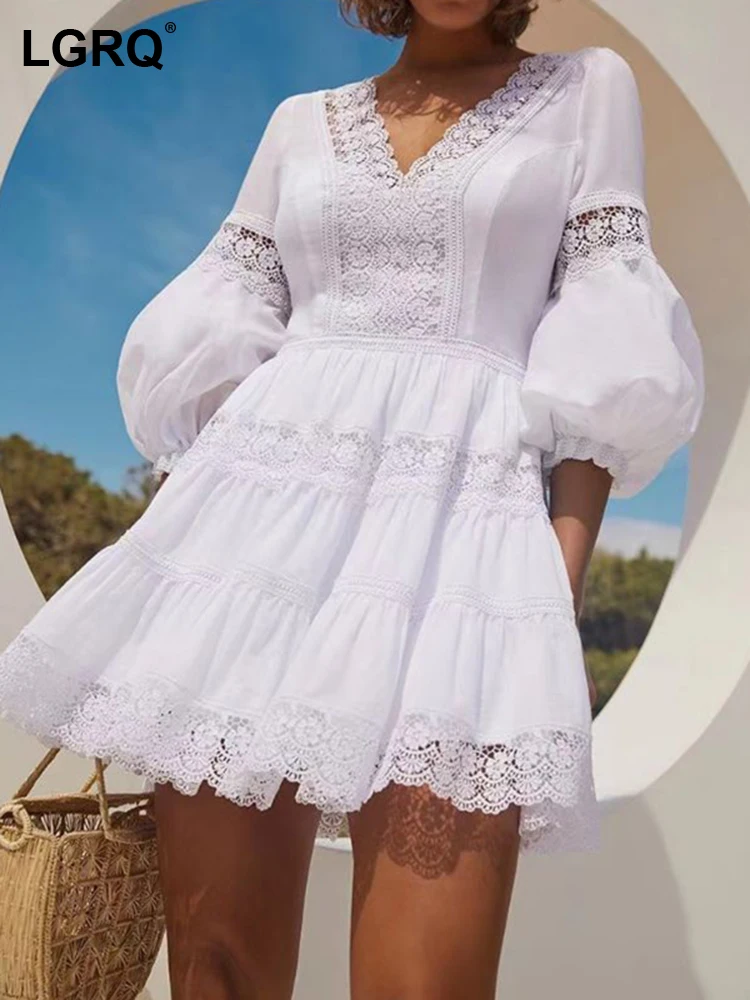 

LGRQ Fashion Sexy Dresses For Women New Lantern Sleeve Loose Hollow Out Patchwork Lace Party Dress Female Spring 2023 19J3181