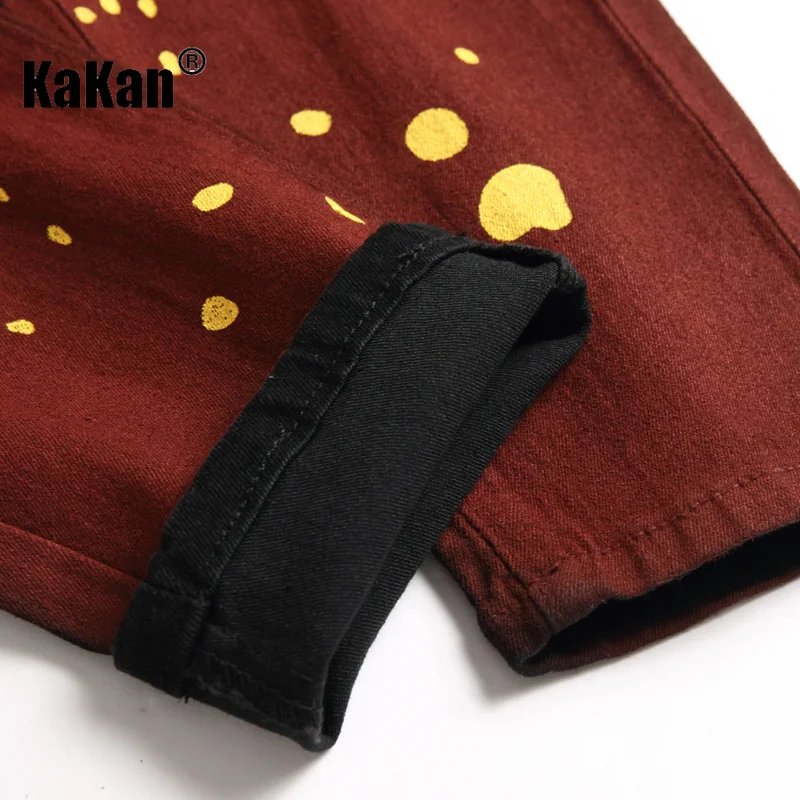 Kakan - New Distressed Color Matching Personalized Jeans for Men, Trendy Splashed Print Tight Long Jeans K49-8872