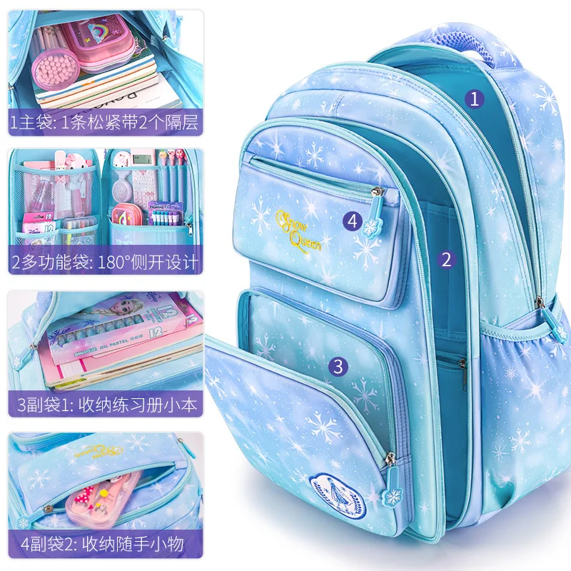 original ice and snow princess disney schoolbag for girls, large capacity side opening multi-functional design disney backpack