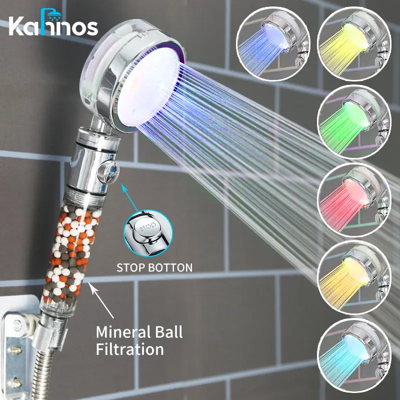 

Led Shower Head Filter Stop Button Spa Rain Temperature Sensor Negative Ion Round High Pressure Handheld Water Saving Shower