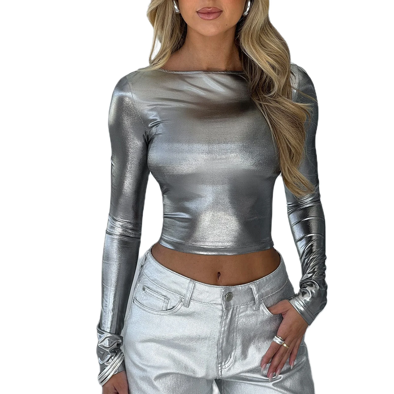 

Футболка Musuos Женская стрейчевая, готический однотонный кроп-топ с длинным рукавом и круглым вырезом, уличная одежда, серебристо-серая одежда