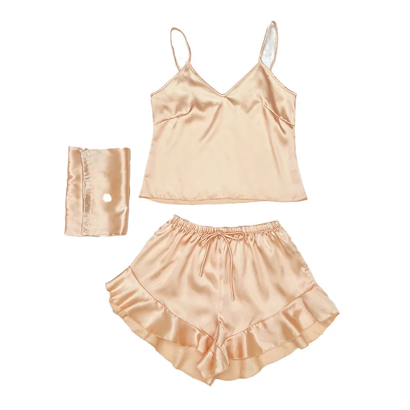 Manufacturers Fashion Sexy Camisole Shorts Shorts Three Piece Ladies Pajamas silk sleepwear set