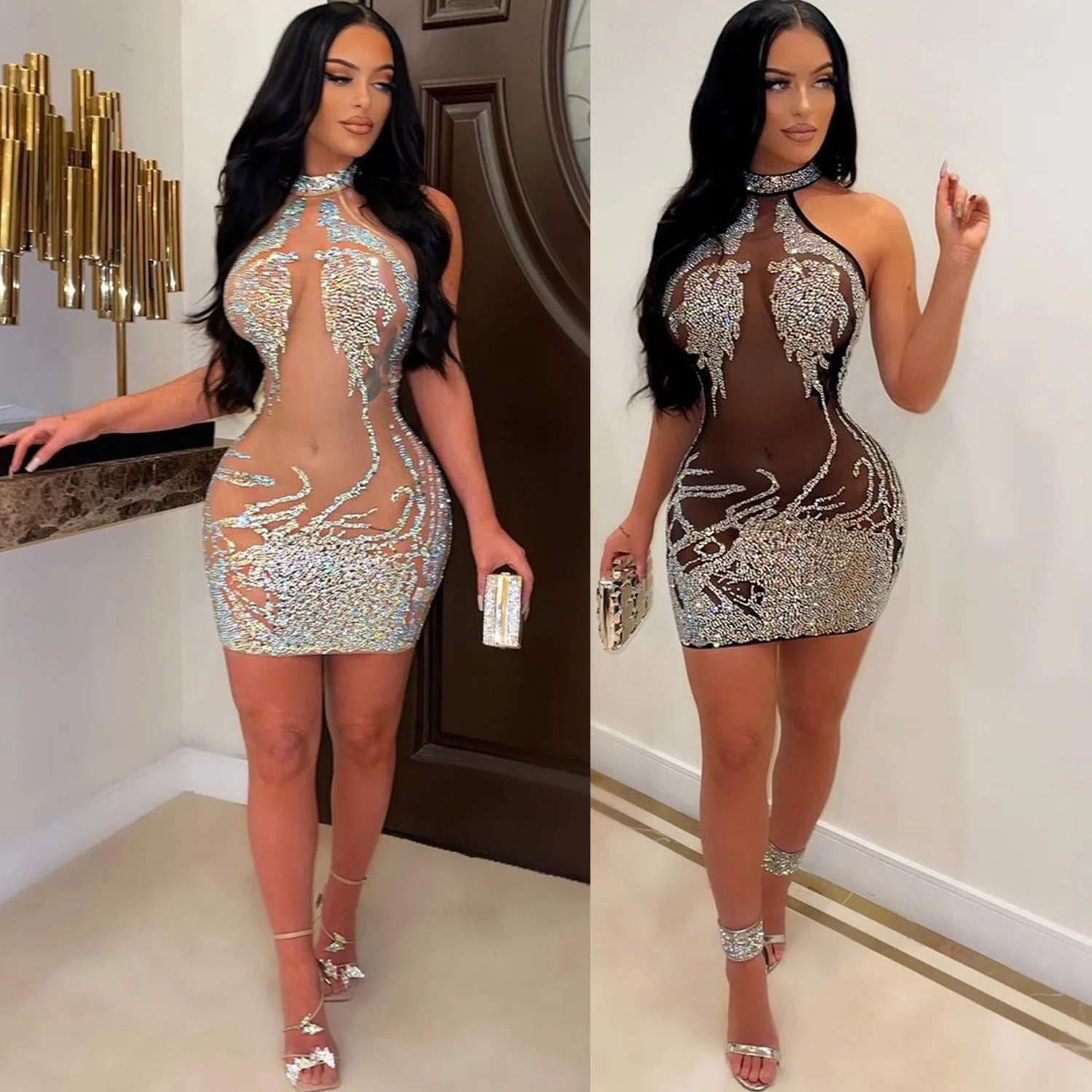 

Women's sexy tight mesh hot drill perspective women's dress