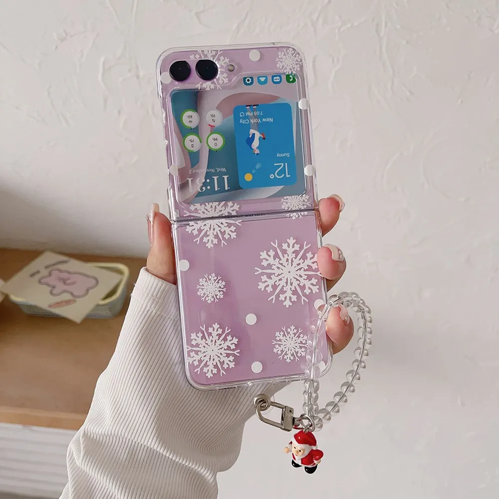 

For Samsung Galaxy Z Flip 5 4 3 Case Cute Snow Bracelet Transparent Folding Shockproof Protection Hard Back Cover Accessories