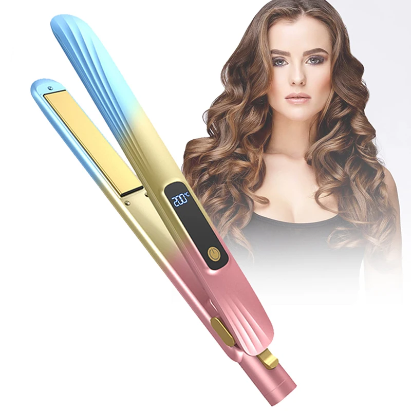 

Инструмент для укладки волос 2-в-1, портативный выпрямитель для волос и бигуди с ЖК цифровым экраном, градиент/черный