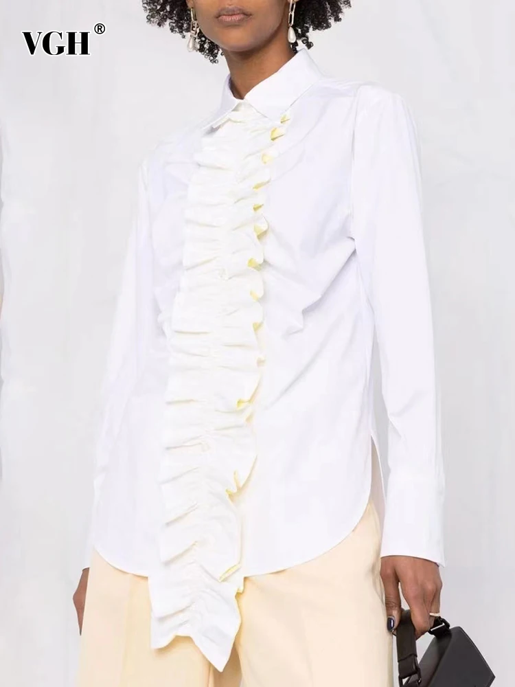 

VGH Casual Solid Shirt For Women Lapel Collar Long Sleeve Patchwork Edible Tree Fungus Button Through Shirts Female 2022 Clothes