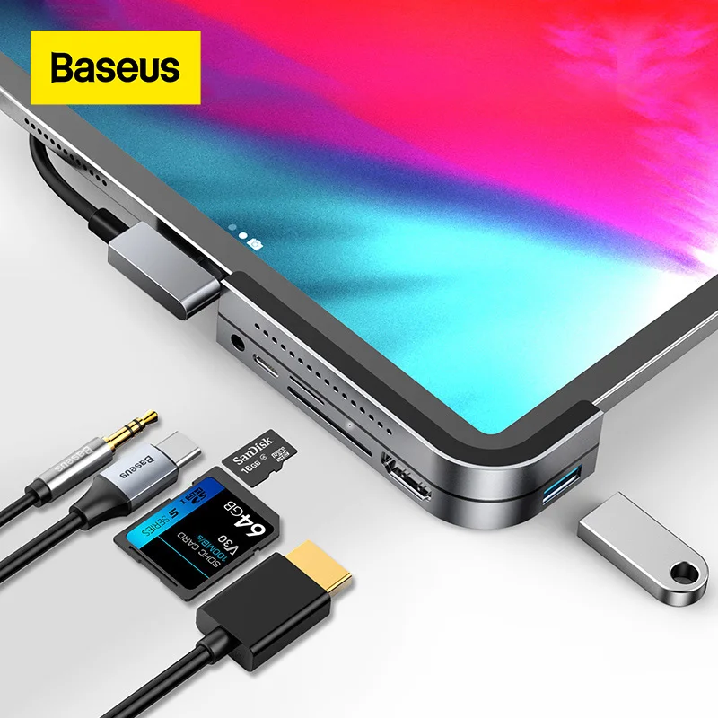 

USB C-концентратор Baseus на USB 3,0, HDMI-совместимый USB-концентратор для iPad Pro Type C, концентратор для MacBook Pro, док-станция с 6 USB-портами