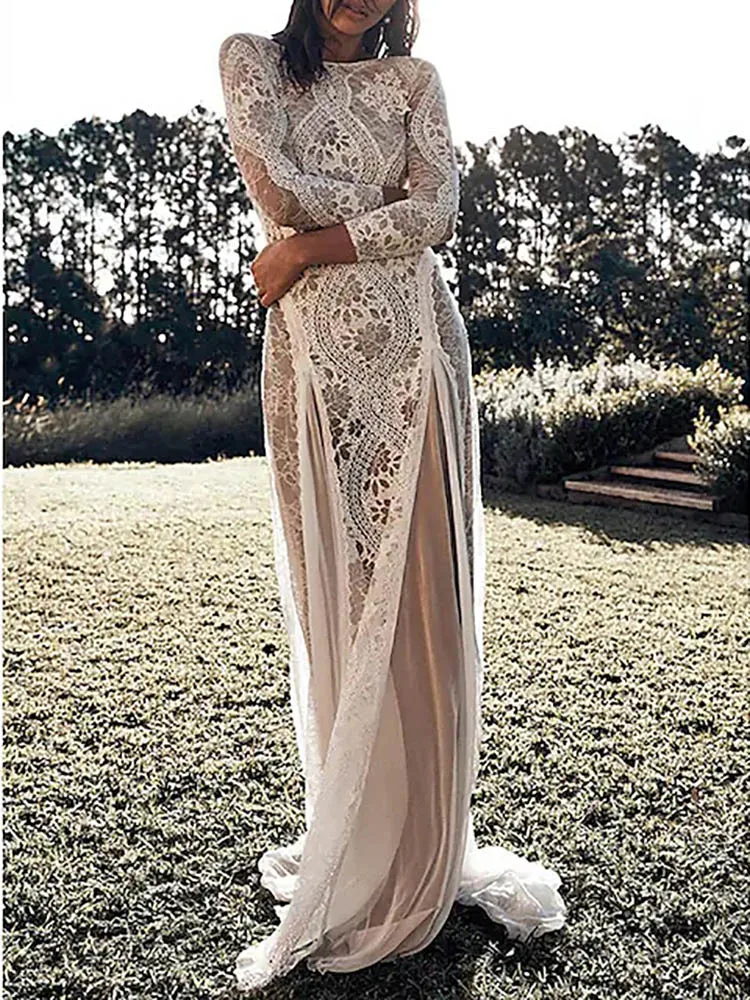 

Long Wedding Dress for Women Bride 2023 Illusion O-Neck Sweep Train Lace with Side Split Party Vestido De Noiva Robe Summer Sale