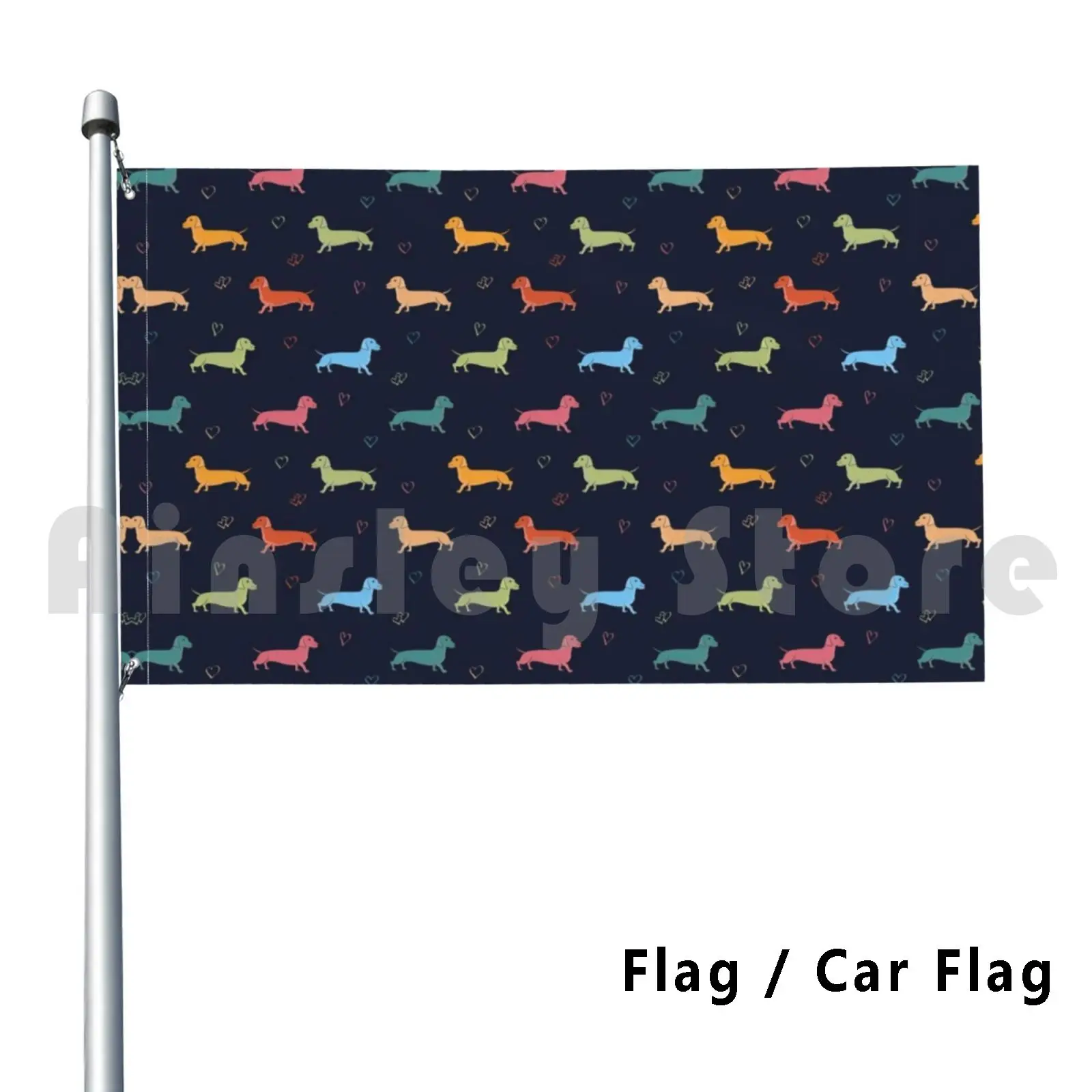 

Multicolour Sausage Dog And Hearts Pattern ( Navy ) Outdoor Decor Flag Car Flag Dachshund Dachshund Sausage Dog