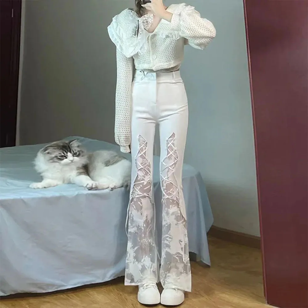 

Design Sense Niche Wide-legged Women's 2022 Early Autumn Korean Version Fried Street Drawstring Tie Irregular Lace Edge Trousers